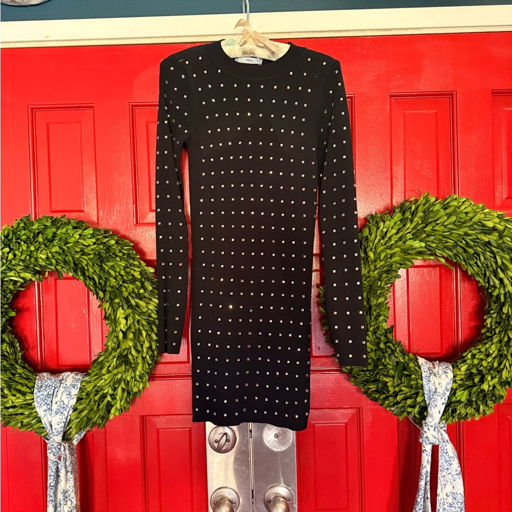 Mango Black Fitted Long-Sleeve Rhinestone Studded Dress
